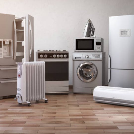 Home appliancess. Set of household kitchen technics in the new appartments or kitchen. E-commerce online internet store nad delivering of appliances concept.